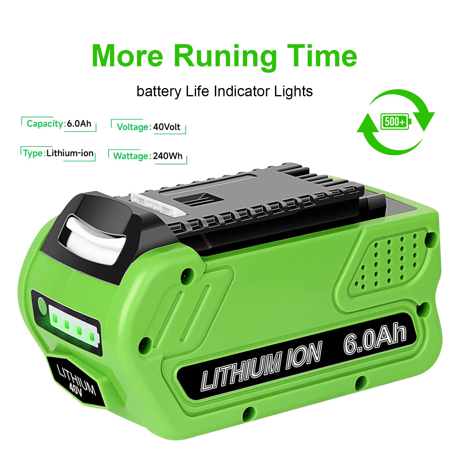 High Capacity Power Tools Battery for Greenworks 40V 6.0Ah Replacement Battery for Power Tools 29252 20202 22262 Etc. Models