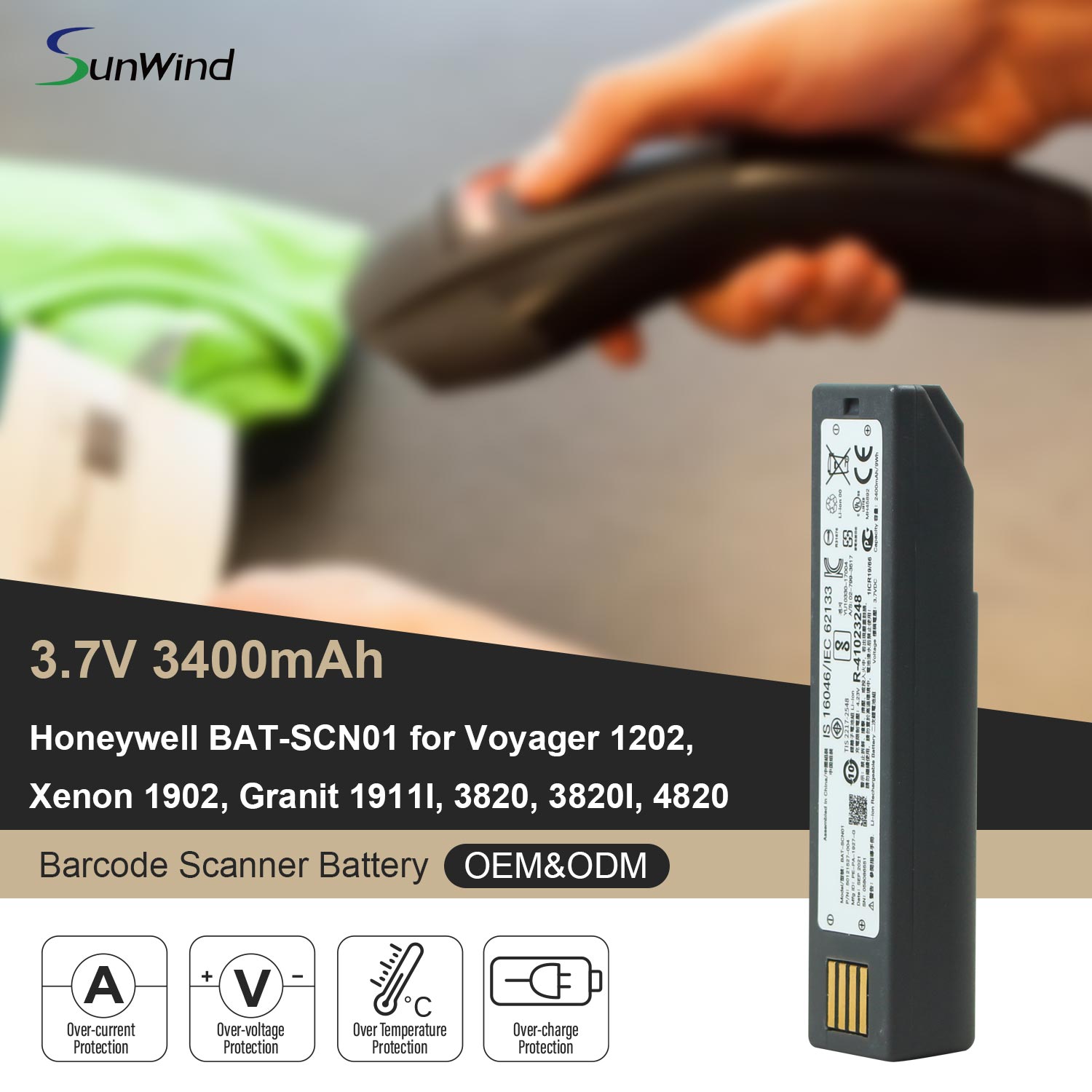 BAT-SCN01 Barcode Scanner Lithium Ion Batteries for Honeywell 1202G 1902GHD GSR 1452G 4820 3820 3.7V 2400mAh